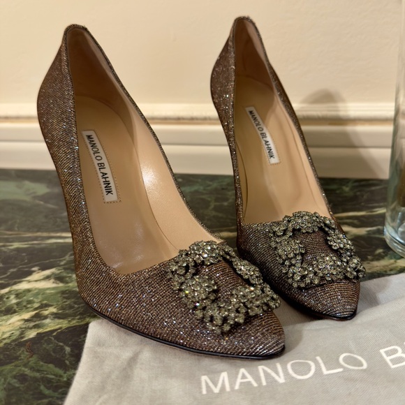 Manolo Blahnik Hangisi Glitter Pumps - Dark Gold Glitter Jewel Buckle Pump - Picture 5 of 10